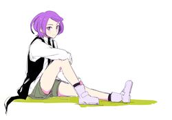  ayatori_(sensei_heroism) dokidoki!_precure female kenzaki_makoto looking_at_viewer precure purple_hair shorts sitting solo white_background 