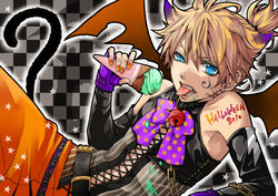  1boy :p bat_wings blonde_hair blue_eyes bow cat_tail checkered commentary_request costume detached_sleeves fingerless_gloves food gloves hakuseki halloween highres ice_cream kagamine_len male_focus nail_polish orange_nails ponytail solo tail tongue tongue_out vocaloid wings 