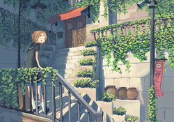  awning brown_eyes brown_hair commentary door female horn_speaker leaning_back mailbox_(incoming_mail) open_mouth original outdoors plant pot public_address_system railing sailor_collar shadow short_hair shorts smile solo speaker stairs vines wu_ba_pin 