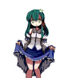  clothes_lift female frog gatau green_eyes green_hair hair_ornament kochiya_sanae long_hair lowres skirt skirt_lift snake solo touhou 