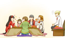  3boys 3girls amagi_yukiko black_hair blonde_hair blush brown_hair closed_eyes commentary_request doujima_nanako drinking feet flower food fruit grey_hair hanamura_yousuke kotatsu kuma_(persona_4) long_hair mandarin_orange multiple_boys multiple_girls narukami_yuu pantyhose persona persona_4 satonaka_chie short_hair table twintails yuugure 