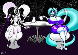  2016 absurd_res accessory anthro arachnid arthropod beverage big_breasts breasts canid canine clothed clothing crossed_legs duo female fox furniture hair hair_accessory hair_ribbon hi_res huge_breasts hybrid mammal muffet multi_arm multi_eye multi_limb nintendo pokemon ribbons saliant sitting skimpy small_waist smile spider table tea tea_party thick_thighs twintails undertale undertale_(series) wide_hips yukiko_matsumori 