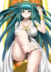  aqua_hair armlet bare_legs barefoot black_panties blunt_bangs blush bracelet breasts choker cleopatra_(fate) cleopatra_(third_ascension)_(fate) closed_mouth collarbone commentary_request dress earrings fate/grand_order fate_(series) feet female foreshortening frown green_eyes green_hair hairband highres hitotsuki_nebura jewelry large_breasts leg_up long_hair looking_at_viewer necklace panties ringed_eyes sidelocks solo sweat toes underwear very_long_hair white_dress 