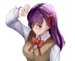  blush bow breasts closed_mouth commentary_request eyebrows fate/stay_night fate_(series) female hairbow kinpun_(fgxdw447) large_breasts long_hair long_sleeves looking_at_viewer matou_sakura purple_eyes purple_hair red_bow red_ribbon ribbon solo 