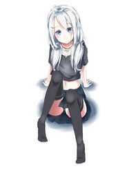  ahoge aoi_takeru black_panties black_thighhighs blue_eyes collar commentary_request female highres long_hair looking_at_viewer low_twintails navel original panties pantyshot silver_hair simple_background sitting skirt smile solo thighhighs twintails underwear white_background 