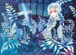  1boy commentary_request cross fern kuroyuki leaf male_focus neckerchief original plant sitting solo white_hair 