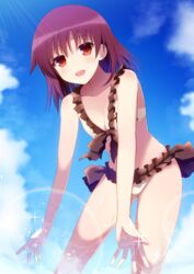  bikini breasts cleavage cloud collarbone commentary_request day female frilled_bikini frills hyuuga_takashi leaning_forward long_hair medium_breasts miyanaga_teru open_mouth outdoors purple_hair red_eyes saki_(manga) sky solo swimsuit white_bikini 