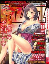  absurdres action_pizazz blush breasts brown_hair cleavage cover cover_page female highres japanese_clothes kimono large_breasts legs lips looking_at_viewer mature_female pon_takahanada short_hair sitting solo 