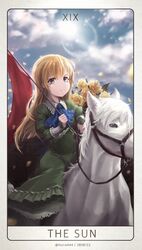  absurdres blonde_hair blue_eyes closed_mouth cloud cloudy_sky commentary_request day female flag highres holding holding_flag horse huira444 ib_(kouri) korean_commentary long_hair looking_at_viewer mary_(ib) outdoors pixiv_id sky smile solo twitter_username 