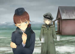  2girls alexandra_serbanescu braid brown_hair coat coffee coffee_mug cold commentary cup fur_trim garrison_cap grey_eyes grey_hair hat hill house huberta_von_bonin long_hair looking_back military military_uniform mug multiple_girls one_eye_closed parka peaked_cap scar scar_across_eye scar_on_face scarf shiratama_(hockey) short_hair single_braid smile snow steam uniform winter_clothes winter_coat world_witches_series 