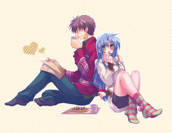  1boy alternate_costume bad_id bad_pixiv_id blue_eyes blush bow brown_eyes casual chidori_kaname couple crossed_legs drink drinking eating female food full_metal_panic grey_eyes hair_ornament hair_ribbon hairbow heart long_hair open_mouth photoshop_(medium) purple_hair reading ribbon sagara_sousuke scar sitting socks straight striped_clothes striped_socks yuzuki_kisa 