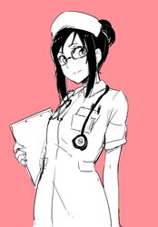  ayatori_(sensei_heroism) dokidoki!_precure female glasses hat hishikawa_rikka looking_at_viewer monochrome nurse_cap precure solo stethoscope 