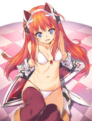  :d alisia_heart animal_ears arm_support armor bikini bikini_armor blue_eyes boots braid breasts checkered_floor dungeon_travelers_2 fake_animal_ears female front-tie_bikini_top front-tie_top gauntlets hair_over_shoulder hairband highres kawata_hisashi long_hair looking_at_viewer navel non-web_source open_mouth photoshop_(medium) purple_thighhighs red_hair side-tie_bikini_bottom small_breasts smile solo string_bikini swimsuit sword thighhighs tile_floor tiles very_long_hair weapon white_bikini 