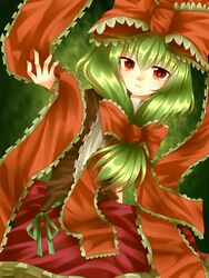  bad_id bad_pixiv_id bow female frills front_ponytail frown green_hair hairbow highres kagiyama_hina long_hair meronpanna_(mikoniito) red_eyes ribbon solo touhou 