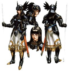  armor black_armor black_feathers black_hair blunt_bangs boots breastplate breasts feathers female from_behind helmet hrist_valkyrie lips long_hair medium_breasts mole mole_under_mouth multiple_views official_art polearm scabbard sheath short_hair shoulder_pads sidelocks skirt smile sword unsheathed valkyrie_profile_(series) weapon white_background yoshinari_you 