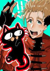  absurdres aqua_background black_cat blonde_hair feline fingerless_gloves glasses gloves hair_between_eyes highres ishinome_ksk kuroneko_(trigun) mole mole_under_eye multicolored_hair open_mouth teeth trigun two-tone_hair vash_the_stampede 