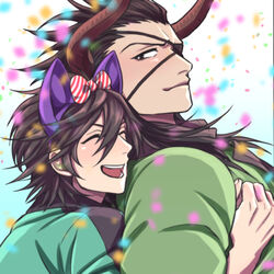  2boys animal_ears blush bow bowtie cain_(granblue_fantasy) cat_ears confetti couple cow_boy cow_ears cow_horns draph ear_piercing eyepatch fake_animal_ears feet_out_of_frame granblue_fantasy horns hug hug_from_behind male_focus multiple_boys piercing reinhardtzar short_hair smile yaoi yomotsuki_road 