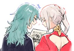  2girls blonde_hair blue_eyes blush breasts byleth_(female)_(fire_emblem) byleth_(fire_emblem) cape couple despicable_me drawing edelgard_von_hresvelg fire_emblem fire_emblem:_three_houses gloves hair_ornament long_hair minion_(despicable_me) minions_(movie) multiple_girls red_cape short_hair simple_background smile vento yuri 