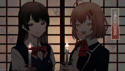  2girls absurdres ahoge black_hair blazer blue_cardigan blue_eyes braid candle cardigan closed_mouth commentary fire flower fucodoku green_eyes hair_flower hair_ornament hairclip handprint highres holding holding_candle honma_himawari jacket long_hair long_sleeves looking_at_viewer multiple_girls nijisanji open_mouth orange_hair rabbit_symbol school_uniform short_hair short_sleeves shouji sliding_doors smile sunflower sunflower_hair_ornament tsukino_mito tsukino_mito_(3rd_costume) upper_body virtual_youtuber 