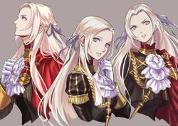  ascot blonde_hair blue_eyes cape commentary_request edelgard_von_hresvelg female fire_emblem fire_emblem:_three_houses garreg_mach_monastery_uniform gloves hair_ornament hair_ribbon long_hair looking_at_viewer misica pantyhose red_cape ribbon simple_background smile solo uniform 