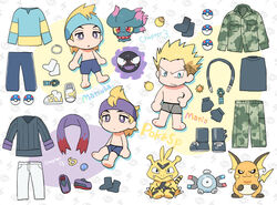  2boys barefoot boots camouflage camouflage_jacket camouflage_pants character_name commentary_request electabuzz equipment_layout fog_badge gastly gloves great_ball headband jacket magnemite male_focus morty_(pokemon) multiple_boys multiple_views nibo_(att_130) pants paper_doll poke_ball pokemon pokemon_(creature) pokemon_adventures purple_headband purple_scarf raichu scarf shirt shoes socks surge_(pokemon) sweater white_footwear white_legwear white_pants 