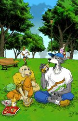  alpaca backpack beastars bench beverage bird_dog bottle bottomwear camelid canid canine canis clothing comic_book container digital_media_(artwork) domestic_dog drinking duo ears_down food footwear glass grass hand_holding hat hatching_(art) headgear headwear hi_res humanoid hunting_dog itagaki_paru jack_(beastars) juice_(beverage) labrador lawn legoshi_(beastars) male mammal open_mouth orange_bottomwear orange_clothing orange_juice orange_pants pants park park_bench pivoted_ears plant popcorn retriever runner running sandals shaded shoes sky skyscape smile socks sportswear street_lamp sucking tree wolf xdzy111 yellow_clothing 