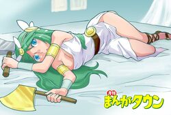  axe bare_shoulders belt blue_eyes breasts dress female green_eyes green_hair jewelry kid_icarus large_breasts long_hair looking_at_viewer open_mouth oyster_(artist) palutena solo very_long_hair 