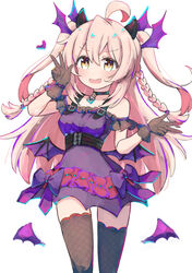  :d ahoge bare_shoulders bat_wings black_choker black_dress black_gloves black_thighhighs braid breasts bright_pupils choker commentary cowboy_shot double_w dress female gloves hair_between_eyes highres horns long_hair looking_at_viewer medium_breasts off-shoulder_dress off_shoulder official_alternate_costume onii-chan_wa_oshimai! open_mouth oyama_mahiro pink_hair short_dress simple_background smile solo tetesudeesu thighhighs twin_braids two_side_up very_long_hair w white_background wings yellow_eyes zettai_ryouiki 