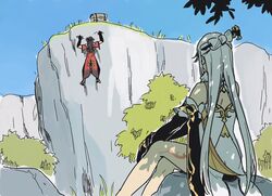  2girls bad_id bad_twitter_id bare_shoulders beidou_(genshin_impact) black_gloves brown_hair bush clear_sky cliff climbing dappled_sunlight detached_sleeves facing_away feet_out_of_frame from_behind genshin_impact gloves grass hair_bun hair_ornament hair_stick highres long_hair multiple_girls murata_(igaratara) ningguang_(genshin_impact) on_rock outdoors parted_hair rock single_hair_bun sitting sky sunlight treasure_chest 