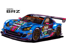  1boy car commentary_request driving english_text helmet highres motor_vehicle r&amp;d_sport race_vehicle racecar simple_background spoiler_(automobile) sports_car sticker subaru_(brand) subaru_brz super_gt takashi_mamiya vehicle_focus white_background 