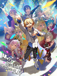  +_+ 4boys 6+girls :3 :d animal_ears aqua_eyes arm_up birthday black_pants blonde_hair blue_eyes blue_hair blue_jacket boots bow_hairband brown_hair cane commentary confetti dress elbow_gloves fake_animal_ears formal frilled_dress frills from_above gloves green_hair hairband hand_on_own_chest happy_birthday hatsune_miku highres holding holding_cane jacket kagamine_len kagamine_rin kaito_(vocaloid) kamishiro_rui knee_boots kusanagi_nene lapels legs_apart long_hair long_sleeves looking_at_viewer megurine_luka meiko_(vocaloid) multicolored_hair multiple_boys multiple_girls musical_note_brooch nenerobo notched_lapels omicos one_eye_closed ootori_emu open_mouth orange_eyes orange_footwear orange_jacket orange_pants pants pink_eyes pink_hair pom_pom_(clothes) project_sekai puffy_short_sleeves puffy_sleeves purple_eyes purple_hair red_jacket red_nails shadow short_hair short_sleeves single_elbow_glove single_glove smile squatting stage_lights standing streaked_hair teeth tenma_tsukasa treble_clef twintails two-tone_hair upper_teeth_only vocaloid white_gloves white_jacket wonderlands_x_showtime_(project_sekai) wonderlands_x_showtime_kaito wonderlands_x_showtime_len wonderlands_x_showtime_luka wonderlands_x_showtime_meiko wonderlands_x_showtime_miku wonderlands_x_showtime_rin yellow_eyes 