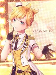  1boy blonde_hair commentary_request finger_to_mouth gloves green_eyes hat hinata_mizuiro kagamine_len male_focus mini_hat more_more_jump!_(project_sekai) more_more_jump!_len official_alternate_costume project_sekai short_hair short_sleeves smile solo sparkle vocaloid 