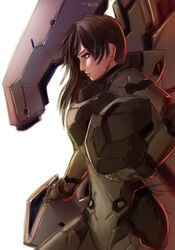  absurdres brown_eyes brown_hair english_commentary female from_side gio_tengco hair_behind_ear helmet highres holding holding_helmet long_hair looking_ahead mecha original robot science_fiction solo unworn_headwear unworn_helmet 