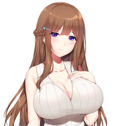  absurdres blue_eyes braid breasts brown_hair cleavage female hair_ornament hairclip hand_up highres large_breasts long_hair minamon_(vittel221) original second-party_source simple_background smile solo upper_body white_background 