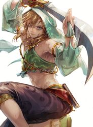  1boy absurdres armlet blonde_hair blue_eyes gerudo_set_(zelda) haban_(haban35) highres holding holding_sword holding_weapon link male_focus navel sword the_legend_of_zelda the_legend_of_zelda:_breath_of_the_wild weapon white_background 