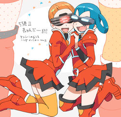  2girls aliana_(pokemon) blue_hair blue_lips boots commentary_request hair_rings holding_hands lipstick long_sleeves mable_(pokemon) makeup multiple_girls nibo_(att_130) oerba_yun_fang open_mouth orange_footwear orange_hair orange_legwear pokemon pokemon_adventures short_hair smile team_flare team_flare_uniform thighhighs tongue translation_request visor 