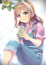  ajapar blonde_hair book brown_eyes brown_hair female highres kunikida_hanamaru long_hair looking_at_viewer love_live! love_live!_sunshine!! notebook overalls sitting smile solo white_background yellow_eyes 