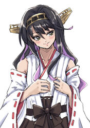  black_eyes black_hair commentary_request cosplay detached_sleeves female hairband headgear japanese_clothes kantai_collection kongou_(kancolle) kongou_kai_ni_(kancolle) kongou_kai_ni_(kancolle)_(cosplay) ld_(luna_dial398) long_hair multicolored_hair naganami_(kancolle) parted_lips pink_hair ribbon-trimmed_sleeves ribbon_trim simple_background smile solo upper_body white_background 