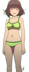  2019 ^_^ bare_legs bikini blush cleavage closed_eyes collarbone female female green_bikini green_swimsuit happy highres joshi_kousei_no_mudazukai kujou_hisui legs looking_at_viewer open_mouth purple_hair scan short_hair smile solo standing swimsuit vzmk2 white_background 