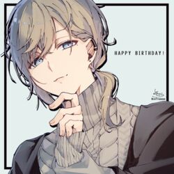  1boy absurdres aran_sweater bad_id bad_pixiv_id black_background blue_background blue_eyes brown_hair cable_knit closed_mouth commentary_request ear_piercing earrings fingernails hair_behind_ear hair_between_eyes hand_on_own_chin hand_up happy_birthday highres jewelry kanae_(8th_costume)_(nijisanji) kanae_(nijisanji) long_hair long_sleeves male_focus mole mole_under_eye nijisanji piercing ponytail signature sleeves_past_wrists smile sofra solo stud_earrings sweater turtleneck turtleneck_sweater twitter_username two-tone_background upper_body virtual_youtuber 