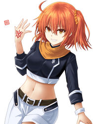  ahoge belt black_shirt breasts chaldea_logo command_spell commentary cowboy_shot crop_top fate/grand_order fate_(series) female fujimaru_ritsuka_(female) fujimaru_ritsuka_(female)_(true_ether_chaldea_uniform) grin hand_tattoo hand_up haura_akitoshi long_sleeves looking_at_viewer medium_breasts midriff navel official_alternate_costume one_side_up orange_eyes orange_hair shirt short_hair short_shorts shorts simple_background smile solo stomach tattoo white_background white_shorts wrist_cuffs 