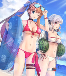  2girls ;p ass_visible_through_thighs asymmetrical_hair bikini black-framed_eyewear black_ribbon blue-tinted_eyewear blue_eyes blue_innertube blue_ribbon blue_sky bracelet braid breasts brown_hair cleavage cloud collar collarbone commentary_request cowboy_shot day eyewear_on_head fal_(fal&#039;s_summer)_(girls&#039;_frontline) fal_(girls&#039;_frontline) floating_hair food front-tie_bikini_top front-tie_top fruit girls&#039;_frontline grey_hair hair_ribbon highres holding holding_food holding_fruit holding_watermelon innertube jewelry long_hair looking_at_viewer medium_breasts multiple_girls navel official_alternate_costume one_eye_closed outdoors red_bikini red_eyes red_ribbon ribbon sarasa_(kanbi) side-tie_bikini_bottom sky smile sparkle spas-12_(girls&#039;_frontline) spas-12_(midsummer_fruit)_(girls&#039;_frontline) standing striped_bikini striped_clothes sunglasses sunlight swim_ring swimsuit thigh_strap tinted_eyewear tongue tongue_out twintails very_long_hair watermelon white_bikini 