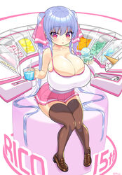  :o blue_hair blush breasts brown_thighhighs bursting_breasts camisole cleavage collarbone female food highres huge_breasts ice_cream ice_cream_cup ice_cream_scoop loafers long_hair miniskirt oppai_loli original pink_eyes pink_skirt riko_(shuz) shoes shuz_(dodidu) sitting skirt solo thighhighs twintails very_long_hair white_camisole zettai_ryouiki 