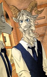  beastars blue_eyes bovid brick_wall canid canine canis caprine clothing collar dall_sheep duo fur glass hair handle hi_res humanoid itagaki_paru legoshi_(beastars) light long_hair looking_at_another male mammal necktie pina_(beastars) school_uniform sheep sunlight surprise uniform wall_(structure) white_body white_fur window wolf xdzy111 yellow_body yellow_fur 