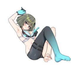  aa211108 aqua_thighhighs arm_up armpits barefoot black_gloves black_thighhighs blue_eyes blush bra breasts commentary dance_on_the_galaxy_(idolmaster) dot_nose eyelashes feet female full_body gloves glowing gradient_legwear green_eyes green_hair grey_bra hair_ornament hairclip heterochromia idolmaster idolmaster_cinderella_girls index_finger_raised large_breasts legs looking_at_viewer navel pantyhose short_hair single_thighhigh smile soles solo stomach takagaki_kaede thigh_strap thighhighs thighs toes underwear white_background 