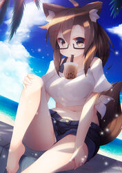  ahoge animal_ear_fluff animal_ears barefoot beach black-framed_eyewear blush breasts brown_eyes brown_hair bubble_tea bubble_tea_challenge closed_mouth cloud colored_eyelashes commentary_request day drink drinking drinking_straw dutch_angle female fox_ears fox_tail glasses hair_between_eyes hair_ornament hairclip hand_on_own_knee hand_on_own_leg kemonomimi_mode kouenji_(sewayaki_kitsune_no_senko-san) medium_breasts navel outdoors ponytail semi-rimless_eyewear sewayaki_kitsune_no_senko-san shirt shorts sitting sky solo sparkle tail tied_shirt torii_(kedamatori) tree under-rim_eyewear water 