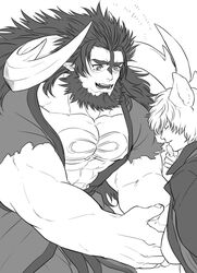  2boys animal_ear_request bara bare_pectorals beard blush curled_horns draph erune facial_hair feet_out_of_frame granblue_fantasy greyscale highres horns large_pectorals long_hair male_focus mature_male monochrome mugen_(granblue_fantasy) multiple_boys muscular muscular_male nehan_(granblue_fantasy) pectorals shirt short_hair torn_clothes torn_shirt yomotsuki_road 