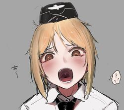  ? akitaka_takaaki black_hat black_necktie blonde_hair brown_eyes commentary_request female girls&#039;_frontline grey_background hat highres looking_at_viewer military_hat mouth_focus mp40_(girls&#039;_frontline) necktie open_mouth portrait shirt short_hair simple_background solo spoken_question_mark teeth thought_bubble tongue uvula white_shirt 