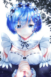  absurdres black_ribbon blue_eyes blue_hair blush breasts cleavage commentary_request detached_sleeves dress female frills hair_ornament hair_ribbon highres looking_at_viewer maid maid_headdress medium_breasts neck_ribbon nei_(aduma1120ponpon) own_hands_clasped own_hands_together purple_ribbon re:zero_kara_hajimeru_isekai_seikatsu rem_(re:zero) ribbon roswaal_mansion_maid_uniform short_hair smile solo white_background x_hair_ornament 