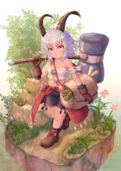  animal_ears bag bare_shoulders bike_shorts black_shorts blush brown_eyes brown_footwear brown_gloves cocoasabure commentary_request et_luba female flower gloves hammer handbag highres horns leaf light_purple_hair looking_at_viewer navel outdoors over_shoulder pixiv_fantasia pixiv_fantasia_last_saga potion rock short_hair shorts solo standing walking 